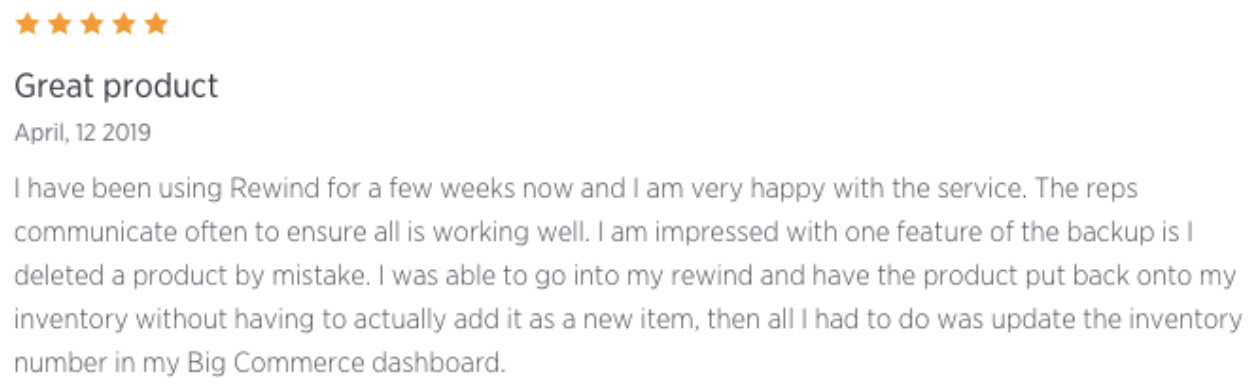 screenshot of a positive review for Rewind Backups for BigCommerce