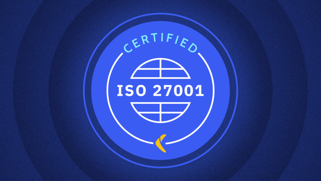 Rewind ISO 27001 banner. Shows the ISO logo in a circle with the Rewind logo below.