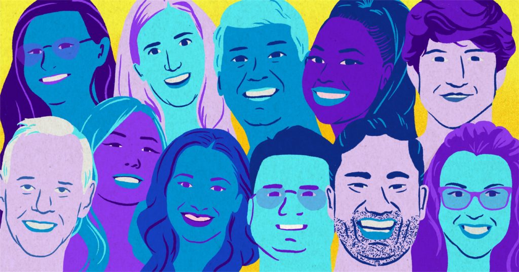 work at rewind! A graphic image of a variety of people in a purple, blue and yellow colour scheme.