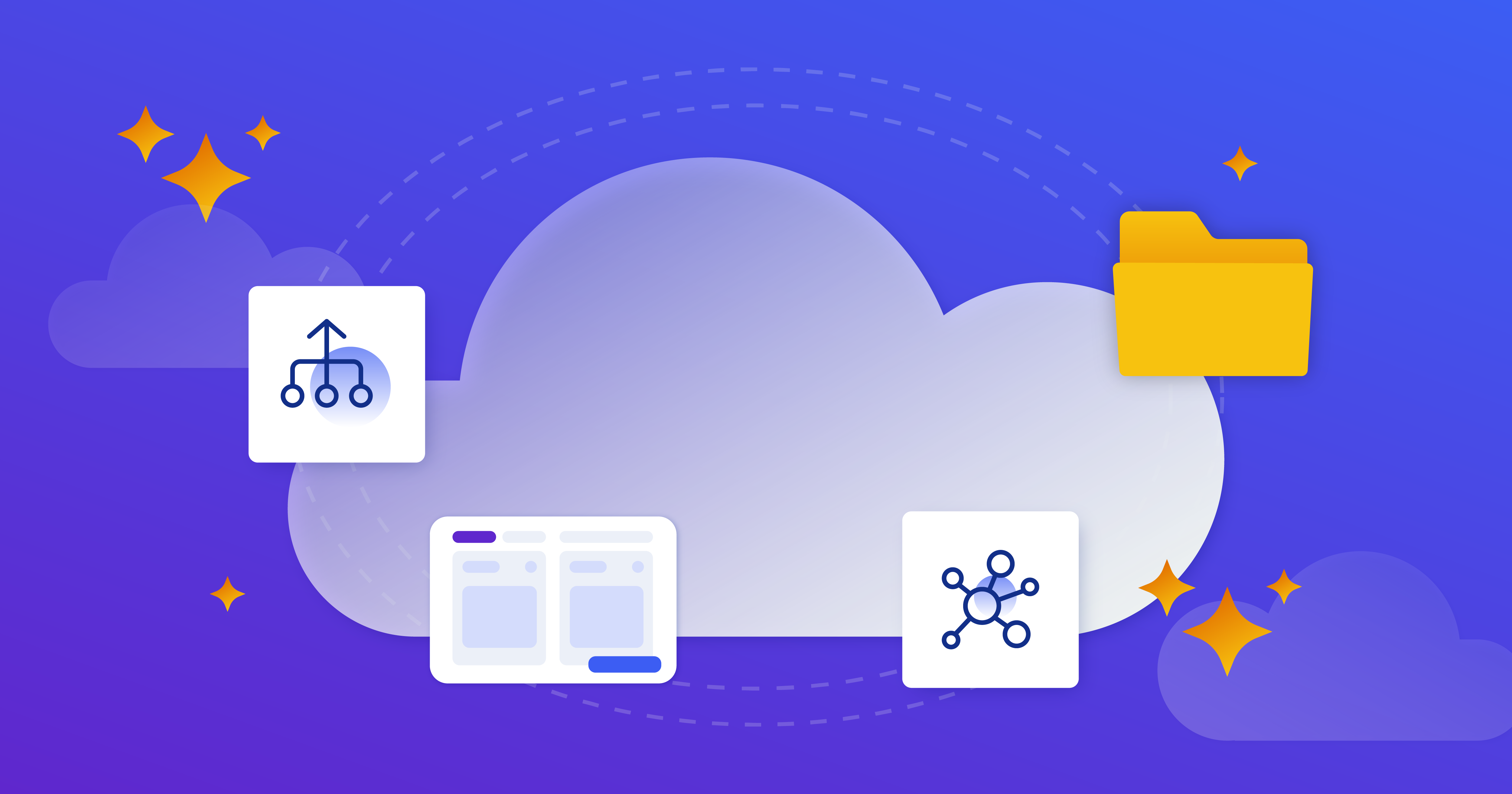 A purple graphic showing a cloud with files being transfered around it.