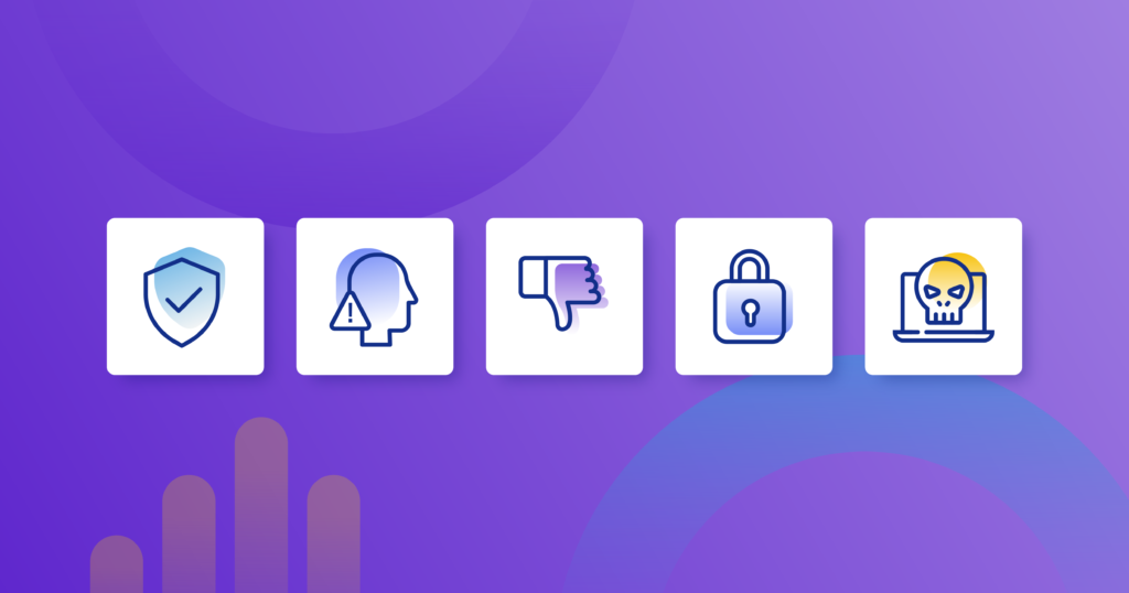 Secure your online store with these tips! Graphic is 5 security related icons on a purple background with blue and yellow accents.