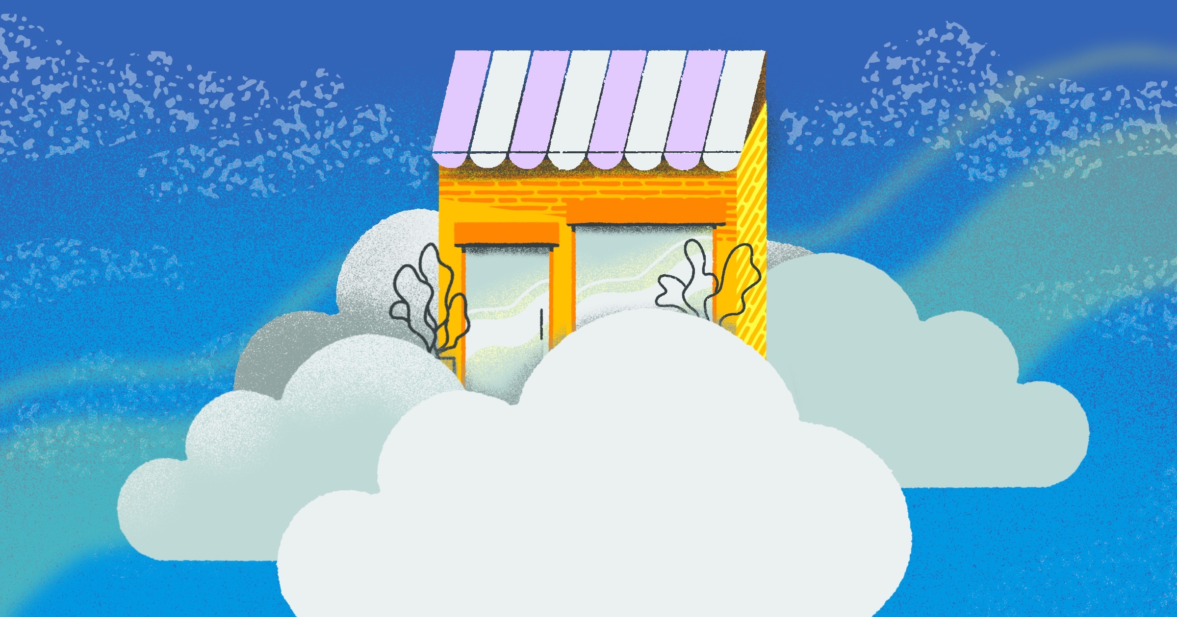 Cloud Backups for Small Businesses. Image shows a graphic of a storefront sitting on a cloud.