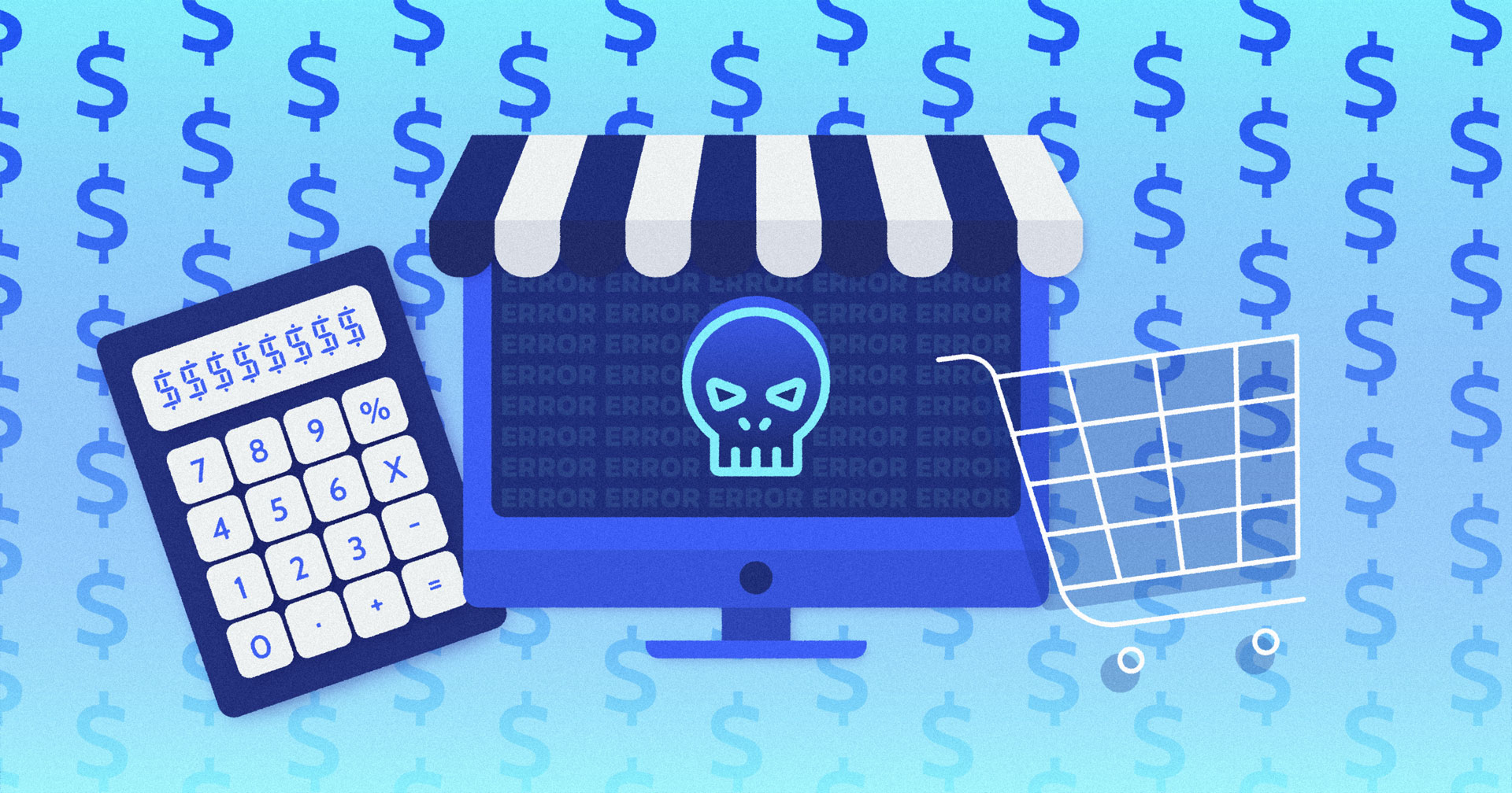 Downtime cost. Image shows a computer screen on a blue background with a skull on the screen. There is a calculator with dollar signs across the screen.