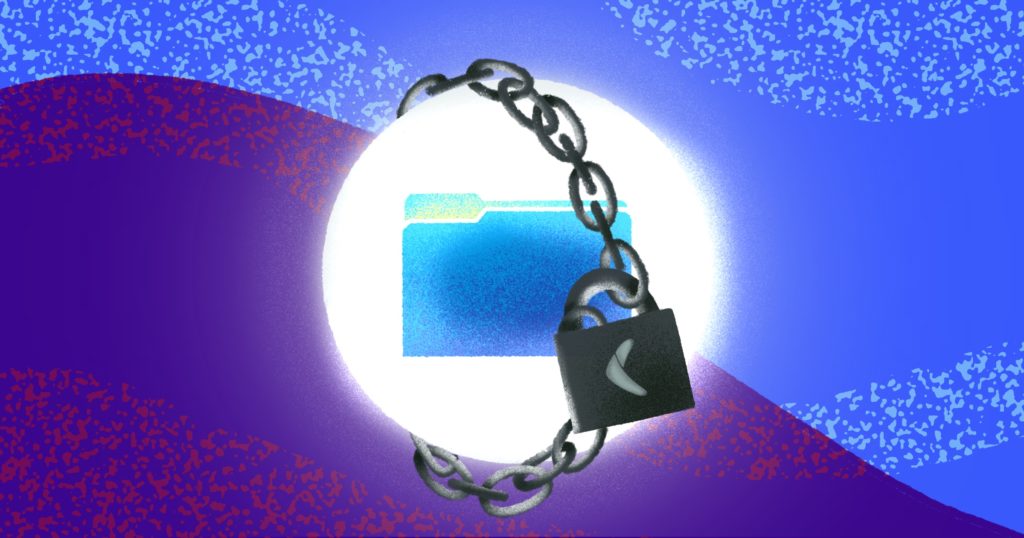 A purple screen with a file icon wrapped in a black chain, locked with a padlock featuring the Rewind logo.