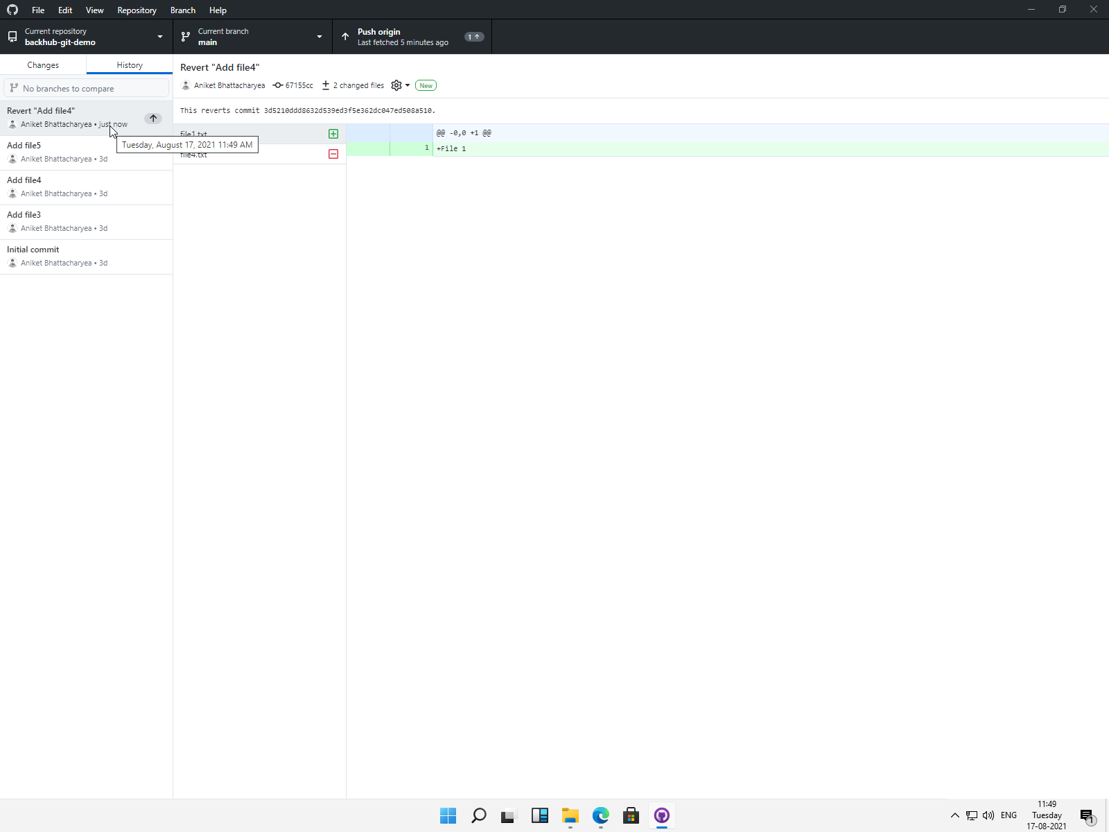 Screenshot showing the new commit