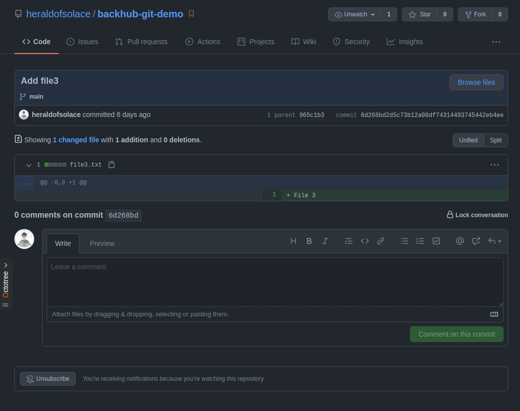 Screenshot showing the commit page
