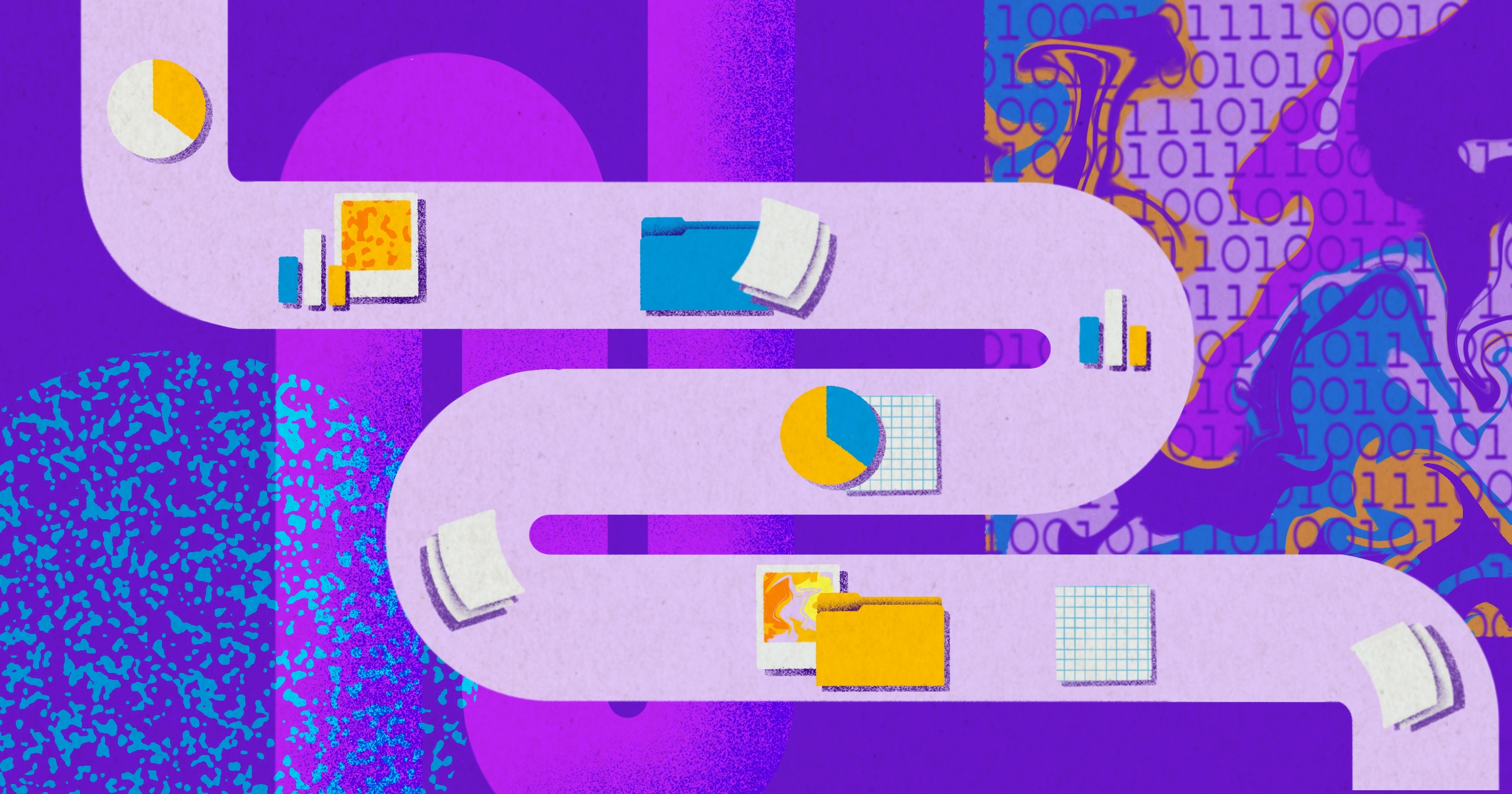 A purple graphic with yellow and blue icons of folders, data, charts, and clouds.