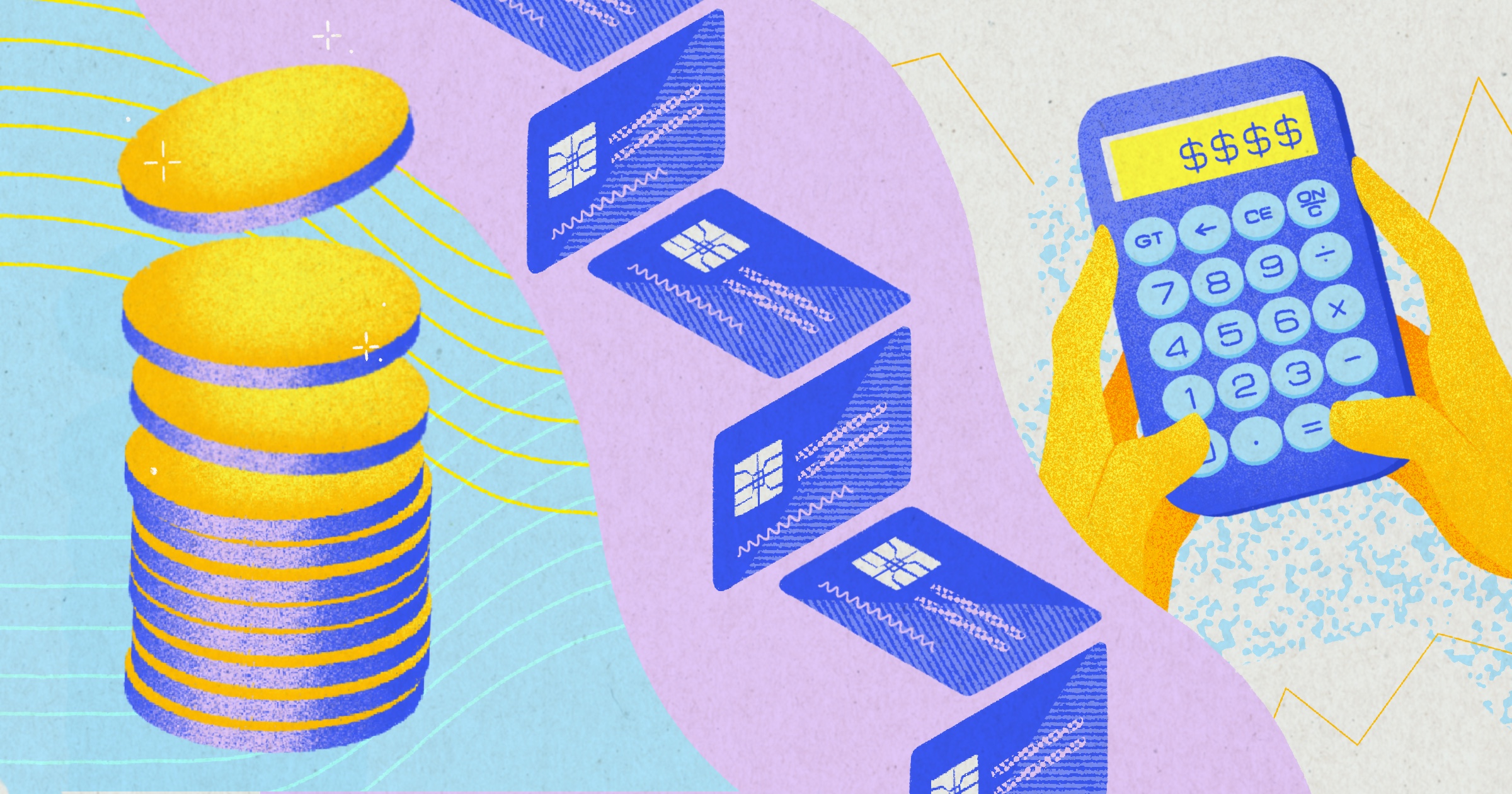 A purple graphic featuring a stack of yellow coins, a line of blue credit cards, and a calculator.