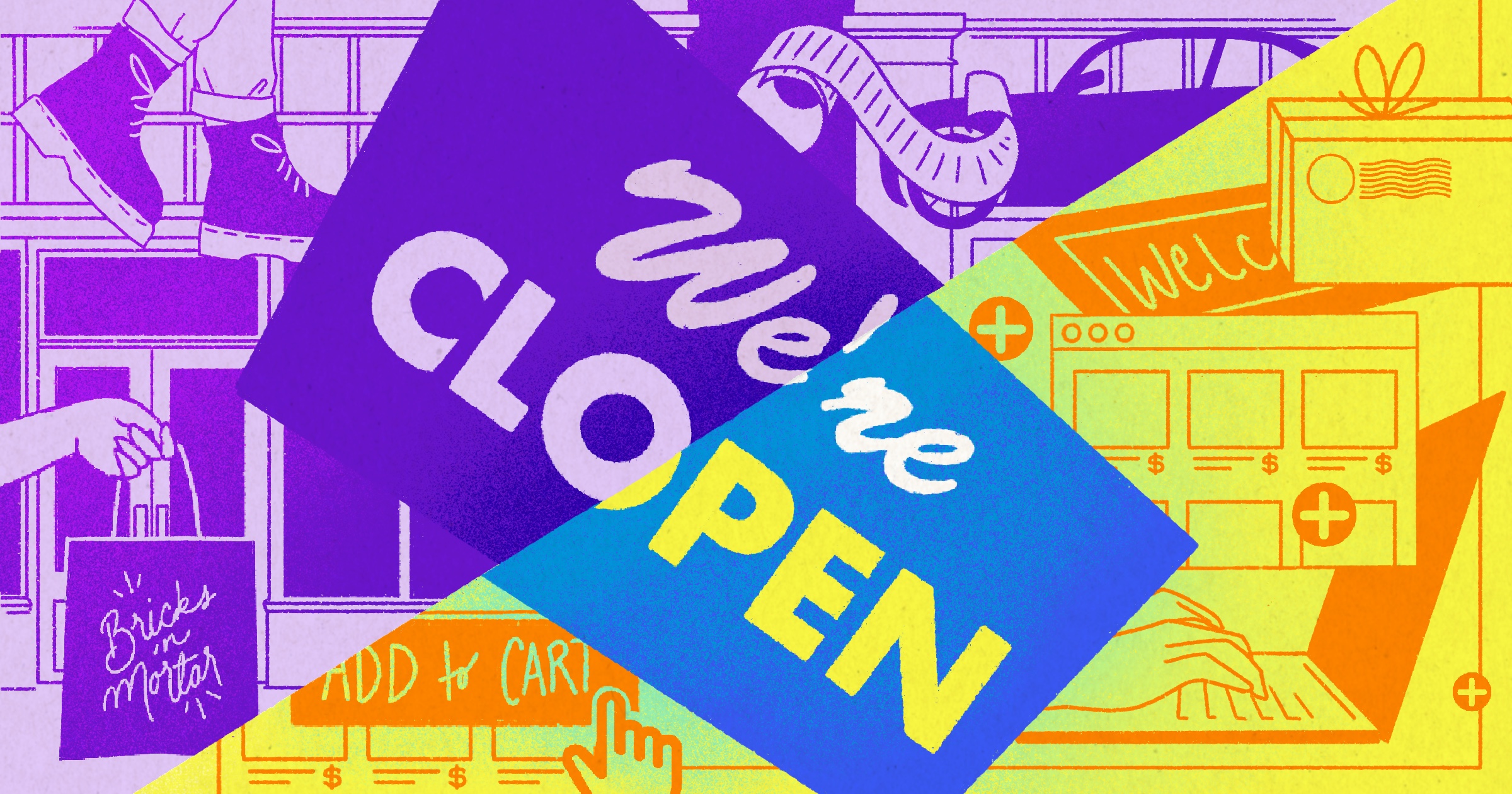 advantages of ecommerce. Graphic is a purple and yellow diagonal split with half stating "we're open" and the other half stating "we're closed".