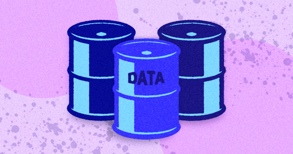 Advantages of data backup and recovery. Image is a purple graphic of three oil barrels, one of which is labelled "data".
