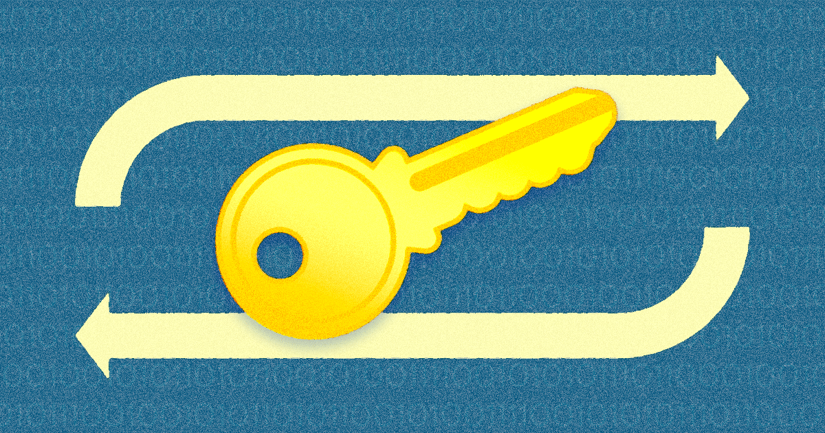 Remote backup services. Image shows a yellow key on a blue background, with a yellow reverse symbol in the background.