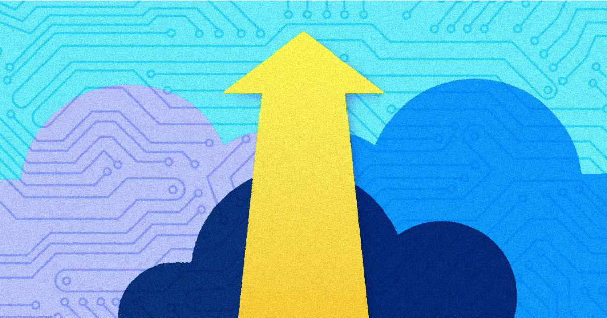 data restore vs backup. Image is a blue and purple graphic with a vertical yellow arrow pointing upwards in the centre of the image.