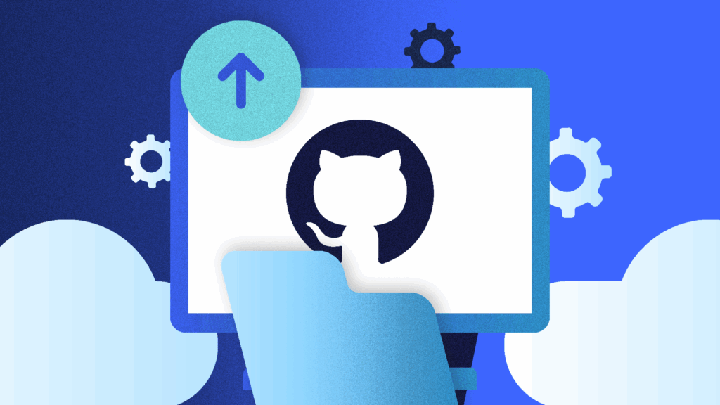 Primarily decorative image that shows a simple graphical representation of the GitHub logo on a screen with cog icons and arrows surrounding it. Intended to convey the idea of recovering a deleted GitHub repository