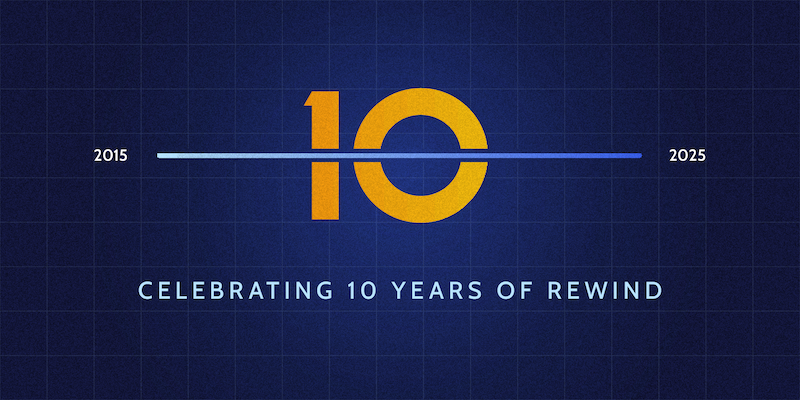 Dark blue background with a large yellow numeral 10, bisected horizontally by a timeline that runs from 2015 to 2025. Text below reads "CELEBRATING 10 YEARS OF REWIND"