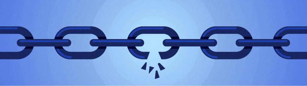 Atlassian BRIE backup: Understanding SaaS data backup risks: a graphic of a chain with one broken link to illustrate the idea of "a chain is only as strong as its weakest link" as it pertains to the risks of backing up SaaS data with the SaaS provider