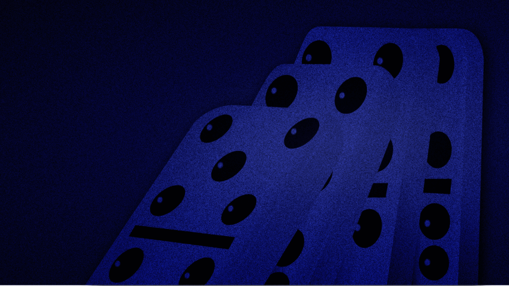 True cost of SaaS data loss: graphic shows dominos starting to fall as a metaphor for the chain reaction of data loss.