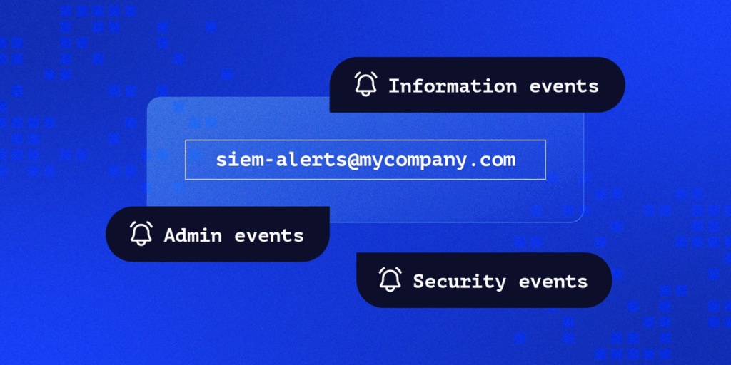 Rewind Enterprise Engine: Email field for SIEM alerts with tags for information, admin, and security events.
