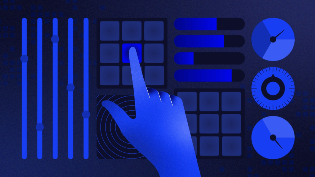 Rewind Enterprise Engine: Hand pointing at dashboard controls with sliders, grids, and charts.