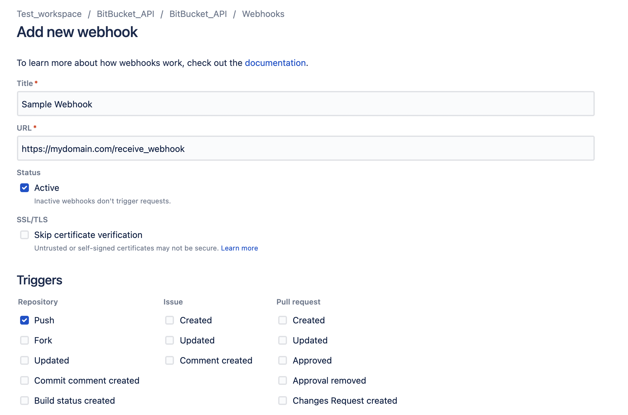 a screenshot of how to add a webhook using the Bitbucket API.