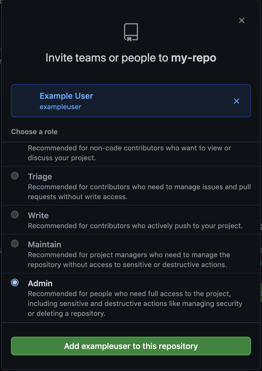 A screenshot showing different user permissions available in GitHub.