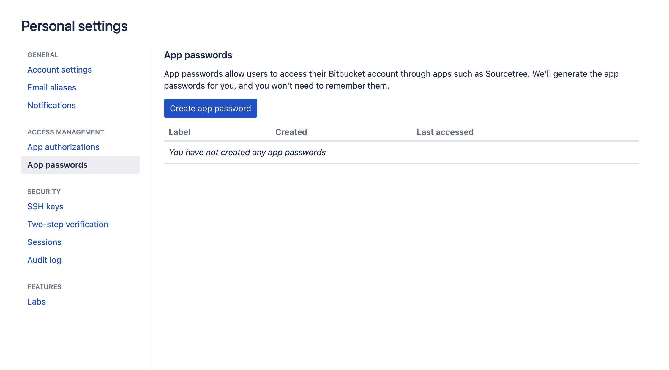 A screenshot demonstrating how to add a password to Bitbucket.
