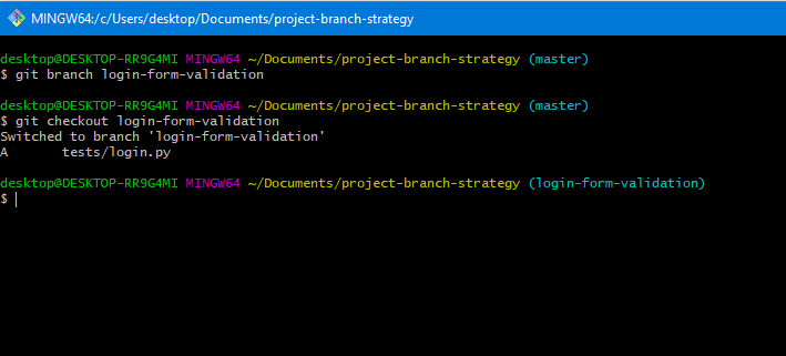 Creating a new branch and switching to it in Git Bash