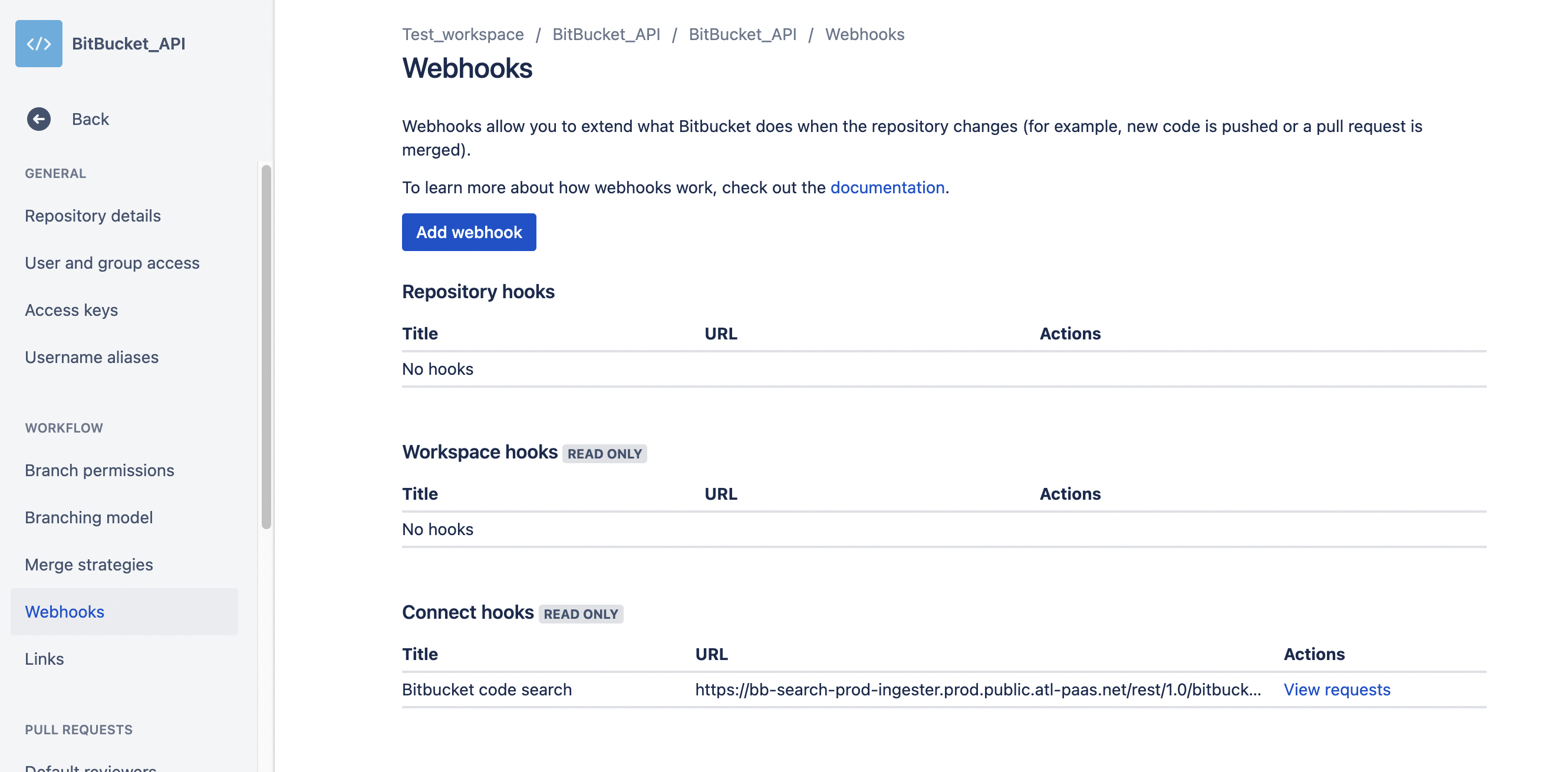 Screenshot showing webhook interface in Bitbucket.