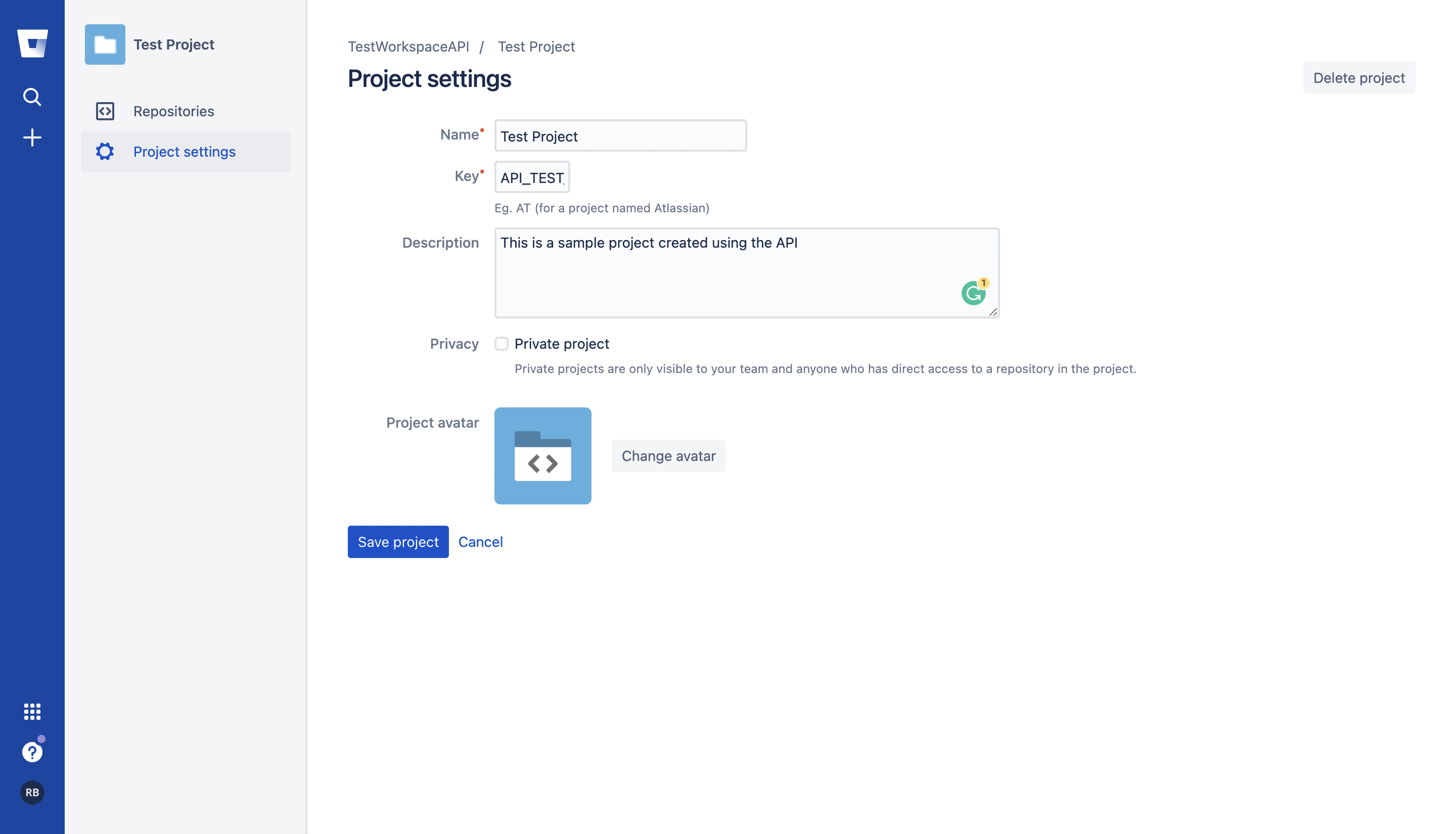 Screenshot showing the new project created through the Bitbucket API.