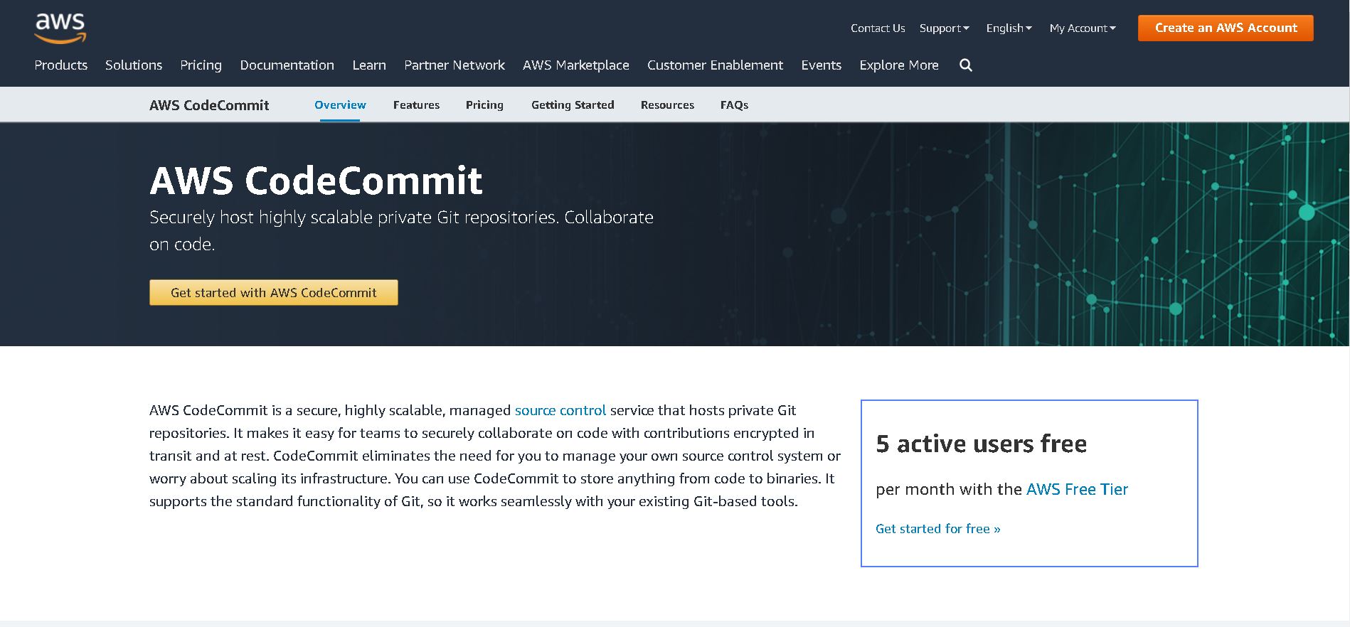AWS Code Commit is another alternative to GitHub. Image shows the AWS Code Commit homepage.