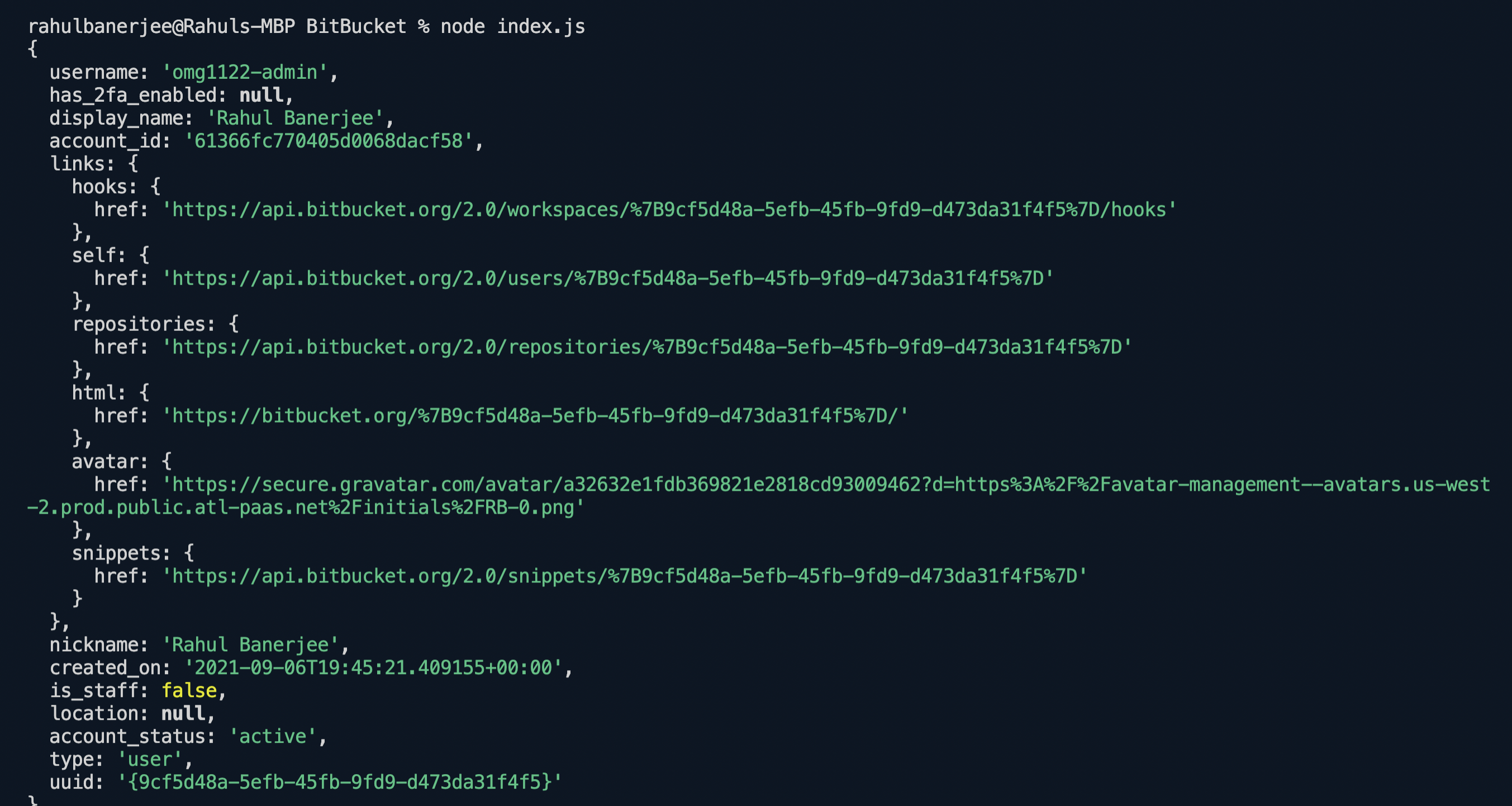 A screenshot of a sample request made to the Bitbucket API.