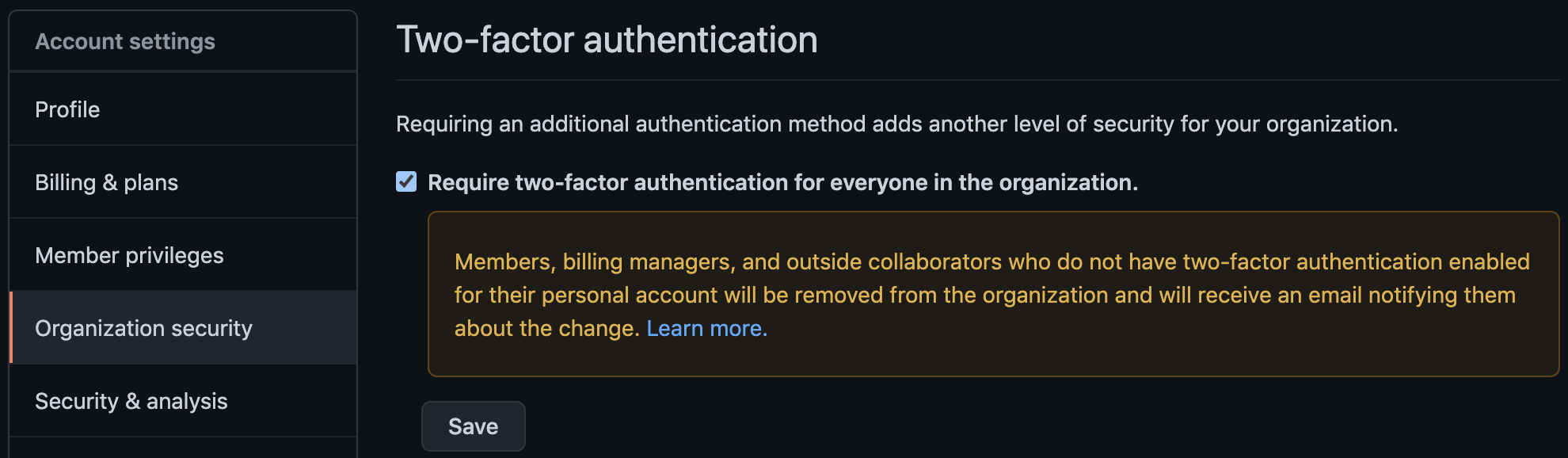A screenshot of a GitHub account with two factor authentication enabled.